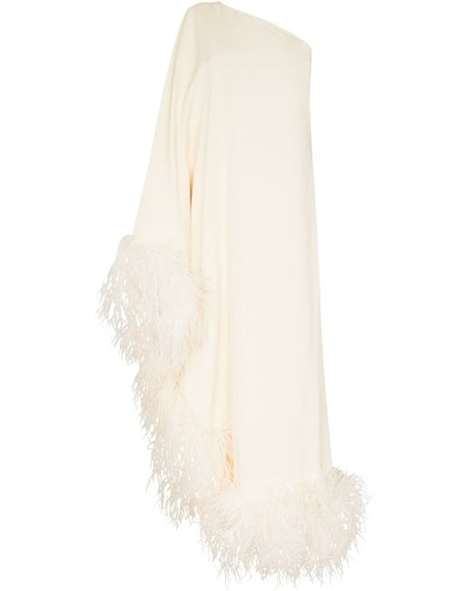 Taller Marmo Ubud one-shoulder feather-trim gown