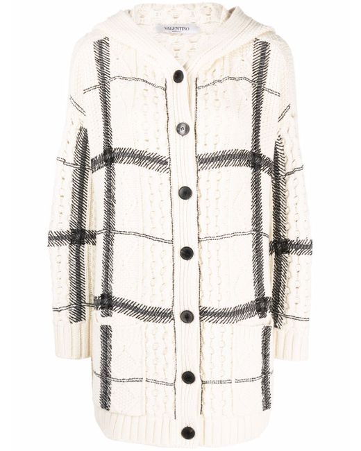 Valentino bead-embellished check-pattern hooded cardigan