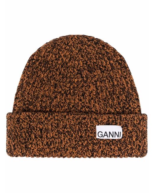 Ganni logo-patch knitted beanie