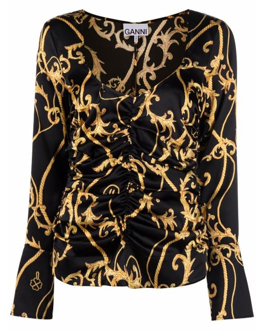 Ganni ruched-detail printed top