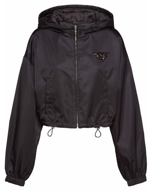 Prada Re-Nylon crystal logo-patch hooded jacket