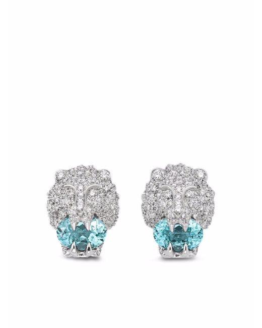 Gucci 18kt white gold lion head aquamarine and diamond stud earrings