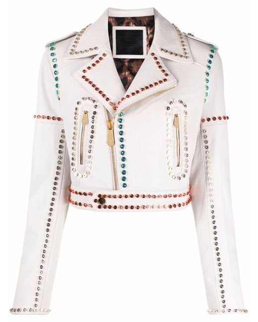 Philipp Plein crystal-trim studded cropped biker jacket