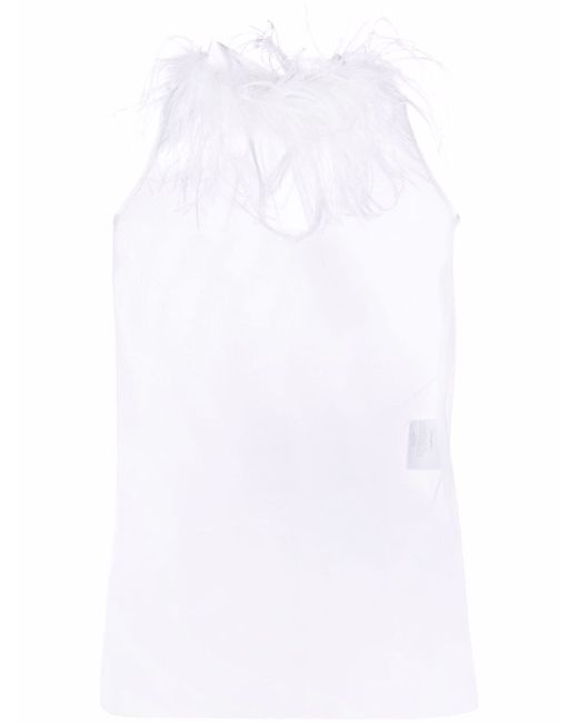Styland feather trim sheer sleeveless top