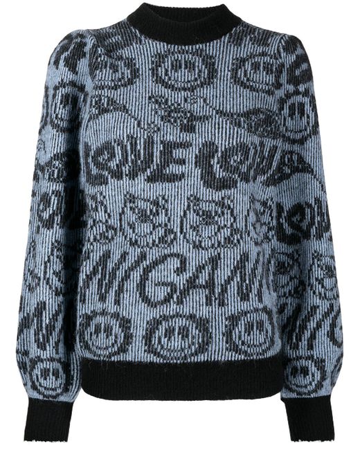 Ganni smiley-logo intarsia-knit jumper