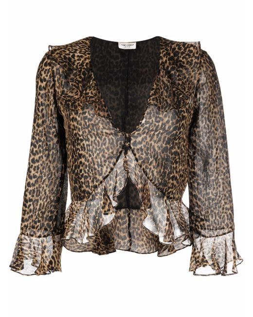 Saint Laurent leopard-print frilled blouse