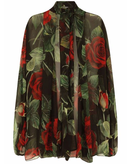 Dolce & Gabbana rose-print pussy-bow silk blouse