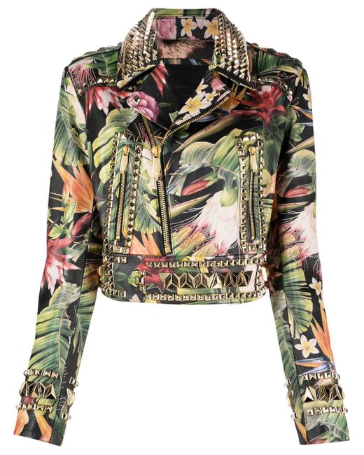 Philipp Plein floral-print studded biker jacket
