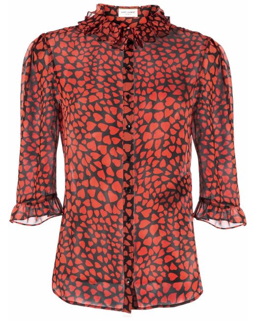Saint Laurent ruffle-trim love heart-print blouse