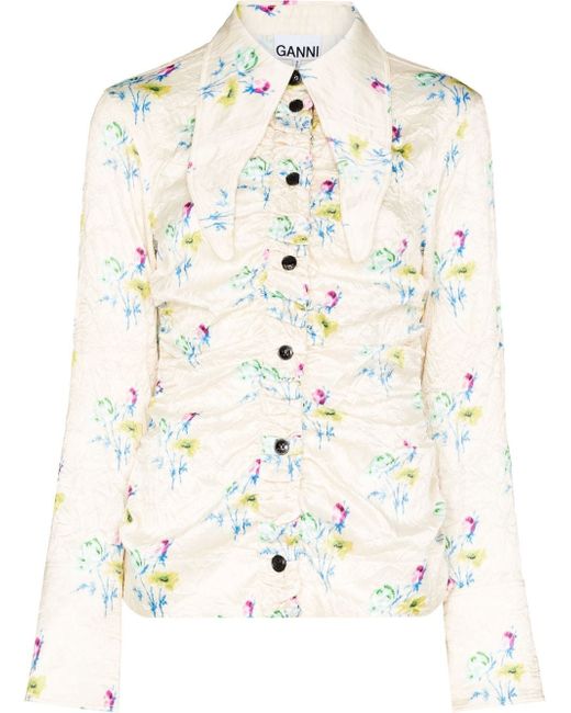 Ganni floral-print crinkle-effect long-sleeve shirt