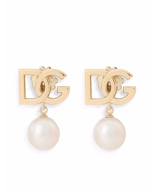 Dolce & Gabbana 18kt yellow pearl-embellished logo earrings