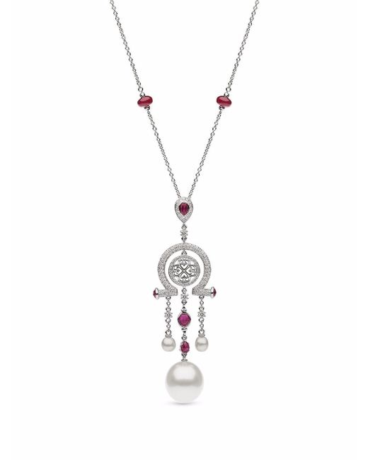 Autore 18kt white gold Omega pearl diamond and ruby pendant necklace