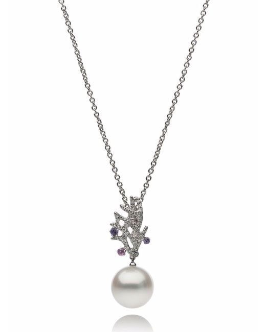 Autore 18kt white gold Violet Coral Burst diamond sapphire and pearl pendant necklace