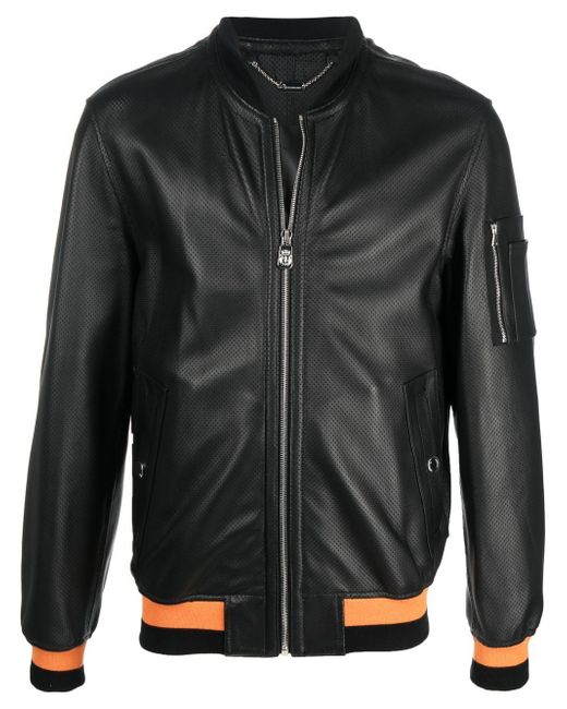 Billionaire stripe-detail leather bomber-jacket