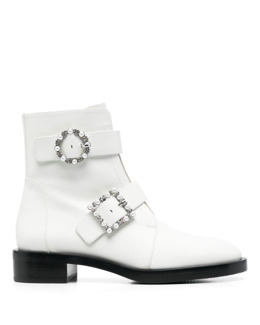 Stuart Weitzman side crystal-embellished buckle boots