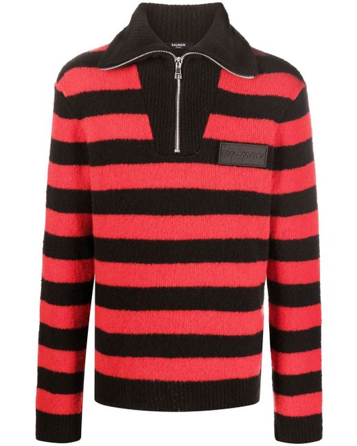Balmain horizontal stripe knitted quarter-zip jumper