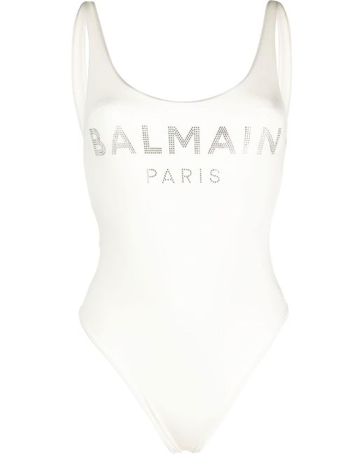 Balmain rhinestone-logo swimsuit