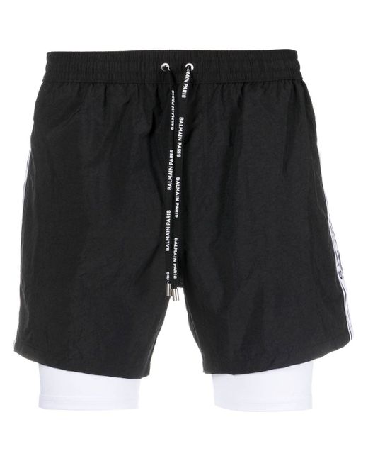 Balmain layered logo-tape shorts