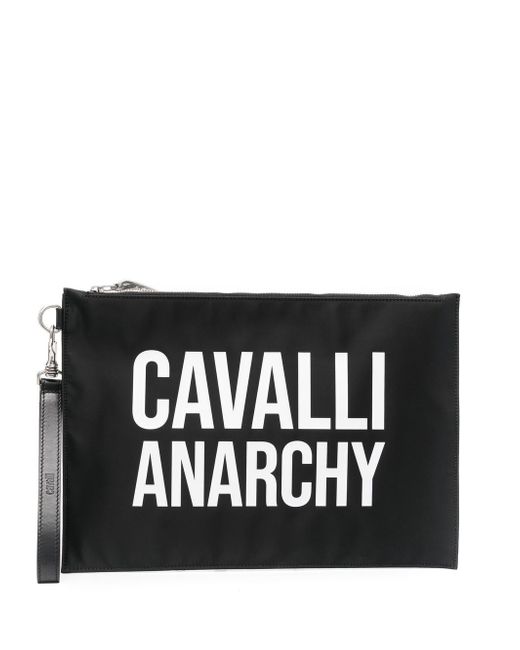 Roberto Cavalli slogan-print leather clutch bag