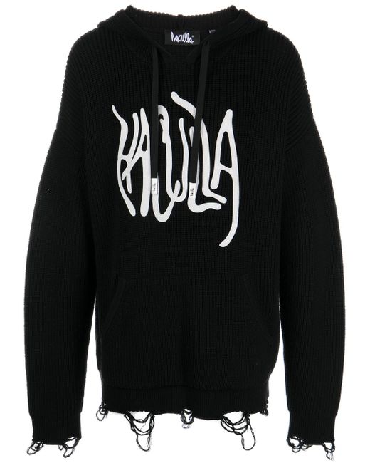Haculla logo-print distressed knitted hoodie