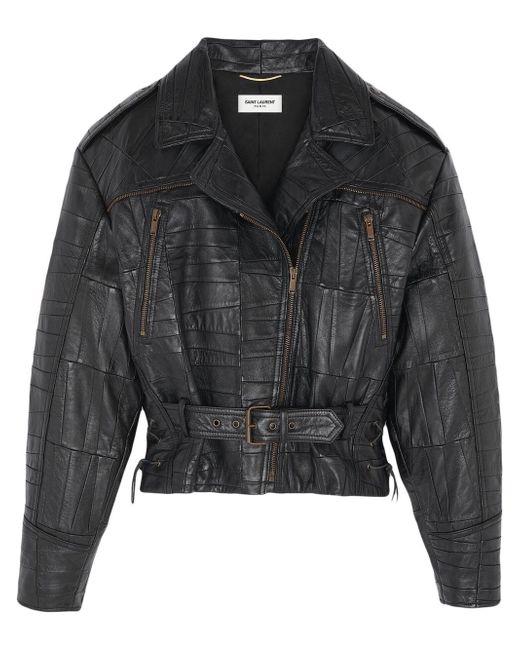 Saint Laurent patchwork-detail biker jacket