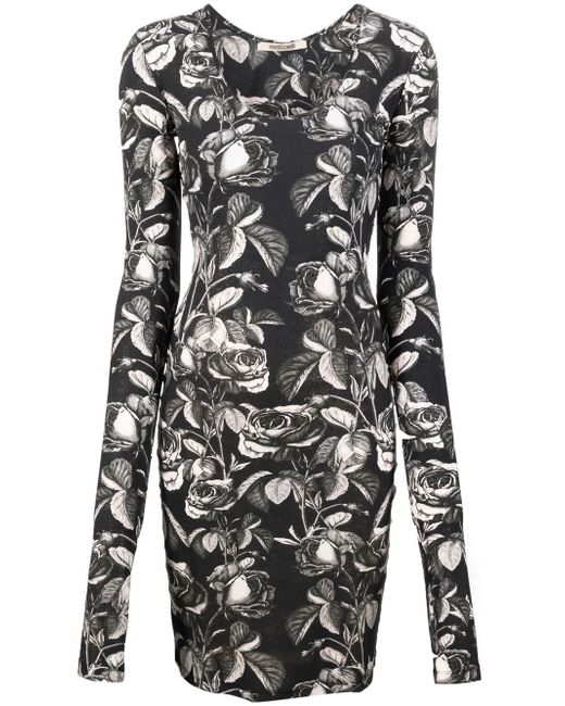Roberto Cavalli rose-print long-sleeve dress