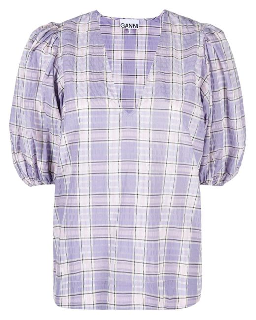 Ganni check-patterned puff sleeve blouse
