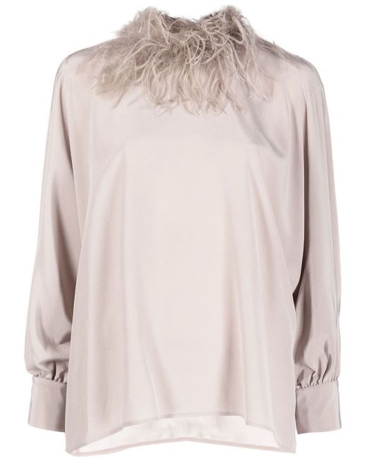 Styland feather-trim long-sleeved blouse