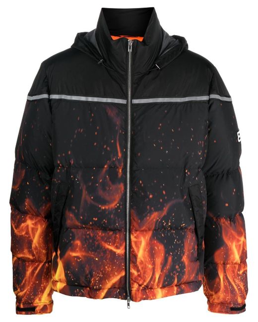 313 Worldwide flame-print hooded padded jacket