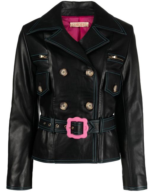 Cormio double-breasted belted leather jacket