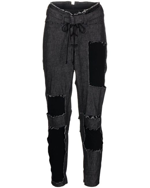 Yohji Yamamoto patchwork-detail belted tapered jeans