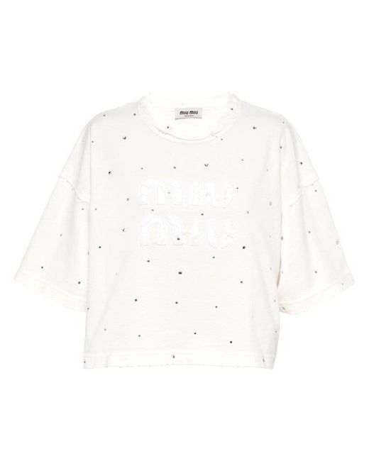 Miu Miu crystal-embellished distressed cropped T-shirt