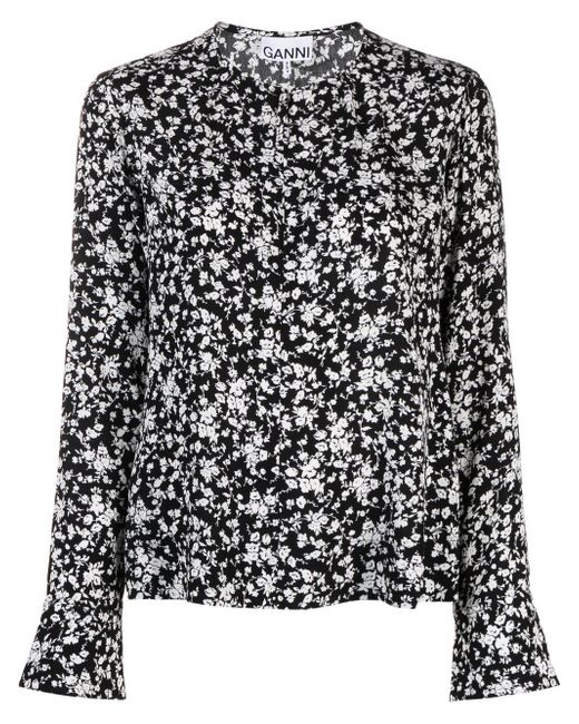 Ganni floral-print crepe blouse