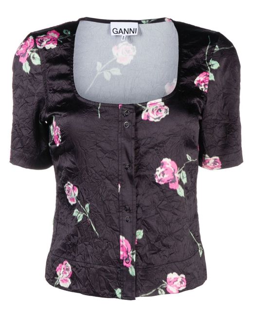 Ganni floral-print crinkled satin blouse