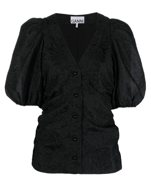 Ganni puff-sleeve jacquard blouse