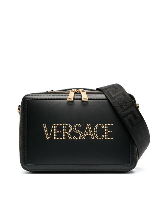 Versace logo stud-embellished leather messenger bag