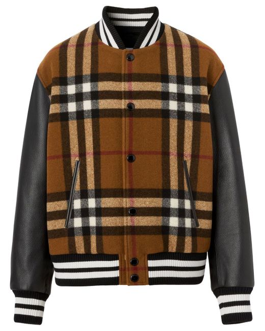 Burberry checked leather-sleeve bomber jacket