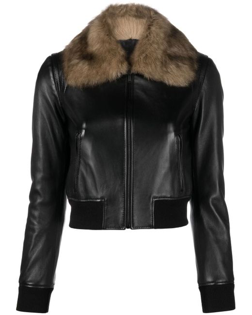 Saint Laurent faux-fur collar cropped leather jacket