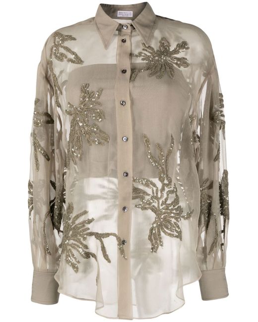 Brunello Cucinelli sequin-embellished sheer shirt