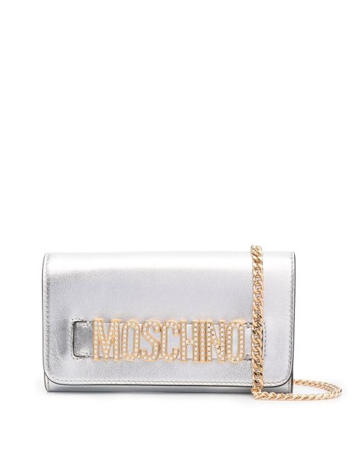 Moschino crystal-embellishment logo clutch bag