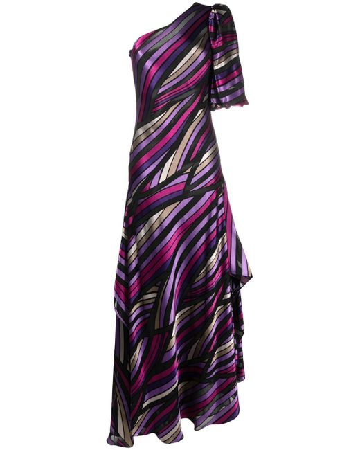 Costarellos stripe-print one-shoulder gown