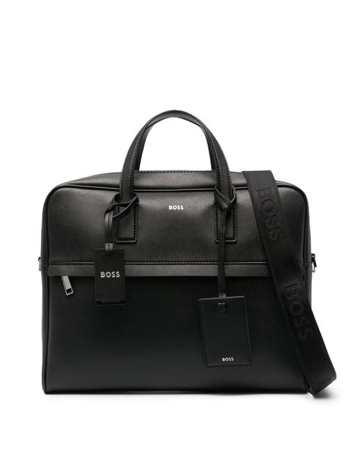 Boss logo-stamp leather laptop bag