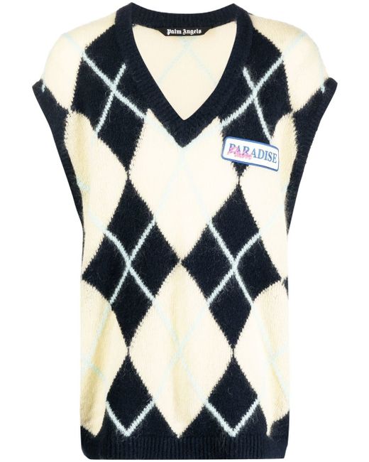 Palm Angels logo-patch argyle knitted vest