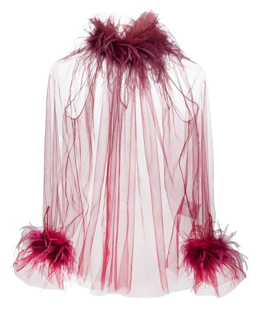Styland feather-embellished sheer tulle top
