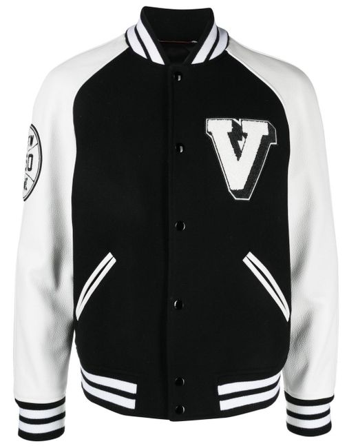 Valentino logo-patch leather sleeve bomber jacket