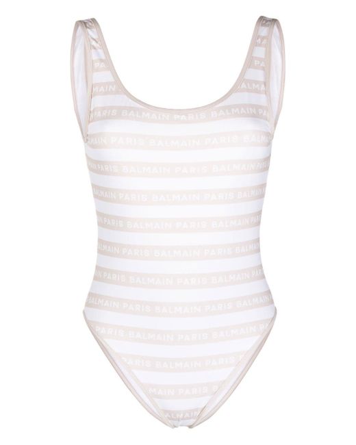 Balmain striped logo-print swimsuit