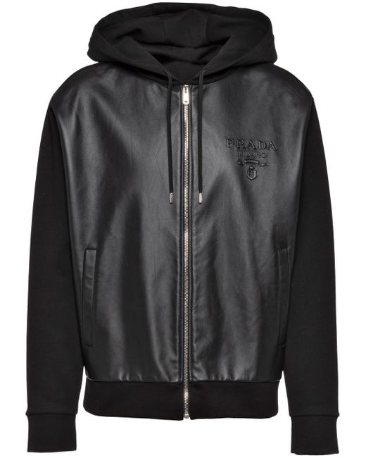 Prada leather-trim zip-up hoodie