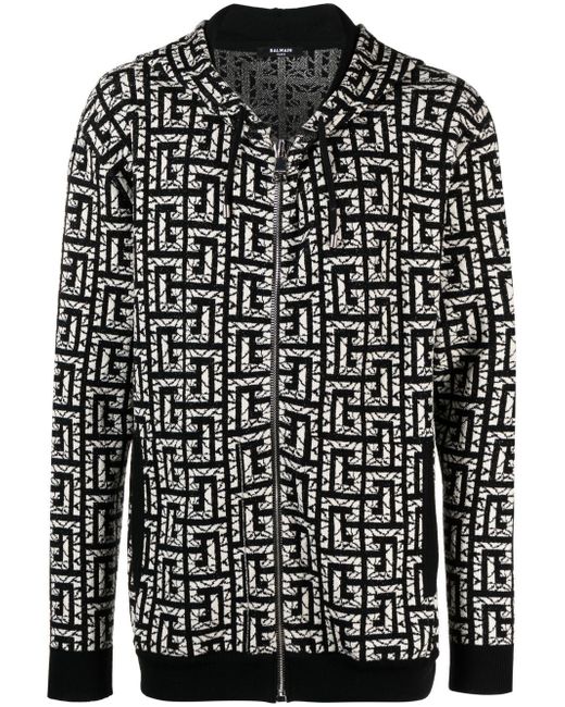 Balmain monogram intarsia-knit zipped hoodie
