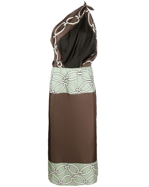 Valentino chain-print one-shoulder silk midi dress