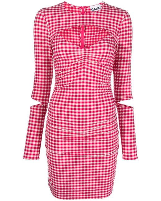 Ganni Love Potion checked cut-out minidress